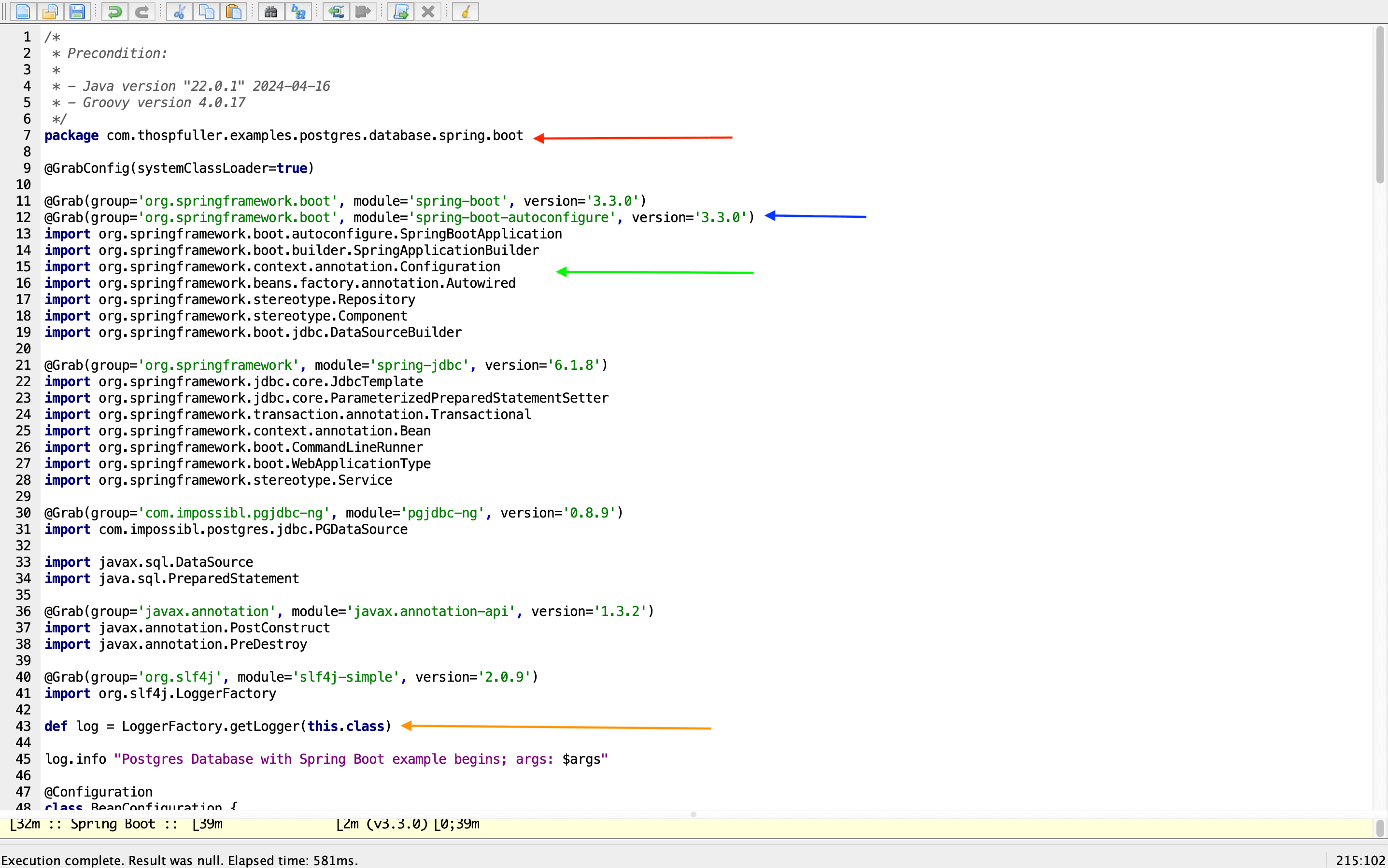 Spring Boot and Postgres example Groovy script for steps two through four including pointers to the package, dependency includes using the @Grab annotation, imports, and log variable declaration.