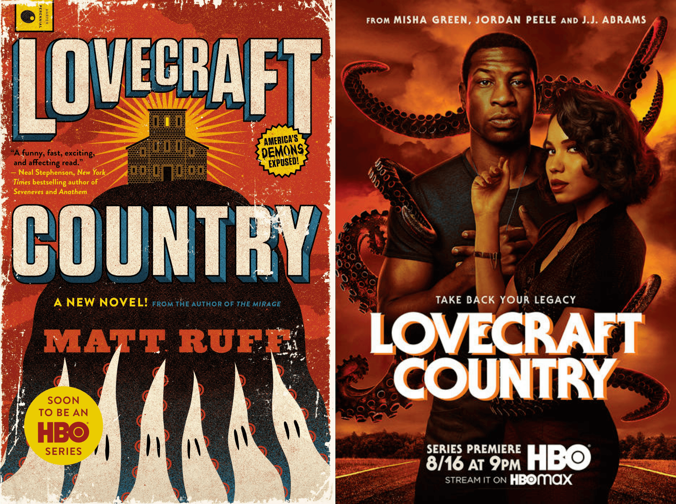 The original book cover and the HBO premiere artwork for Lovecraft Country.