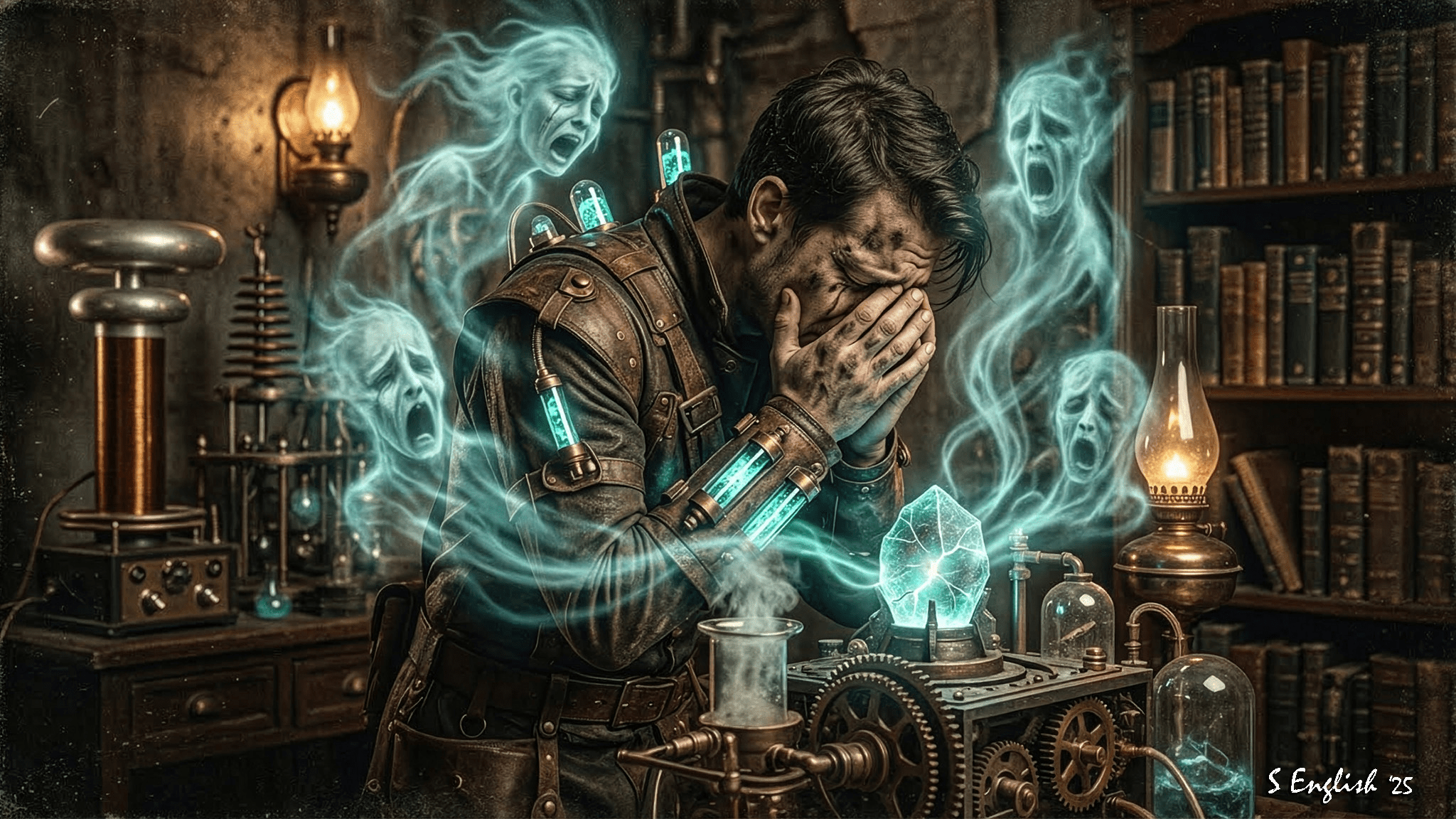 A steampunk engineer on his knees covering his face as ghostly geists erupt from a glowing crystal in his workshop.