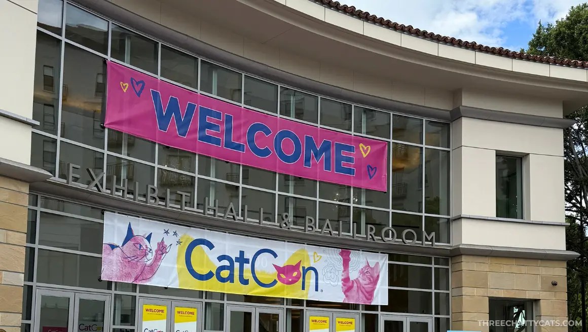 entrance to Pasadena Convention Center with CatCon banners above doorway