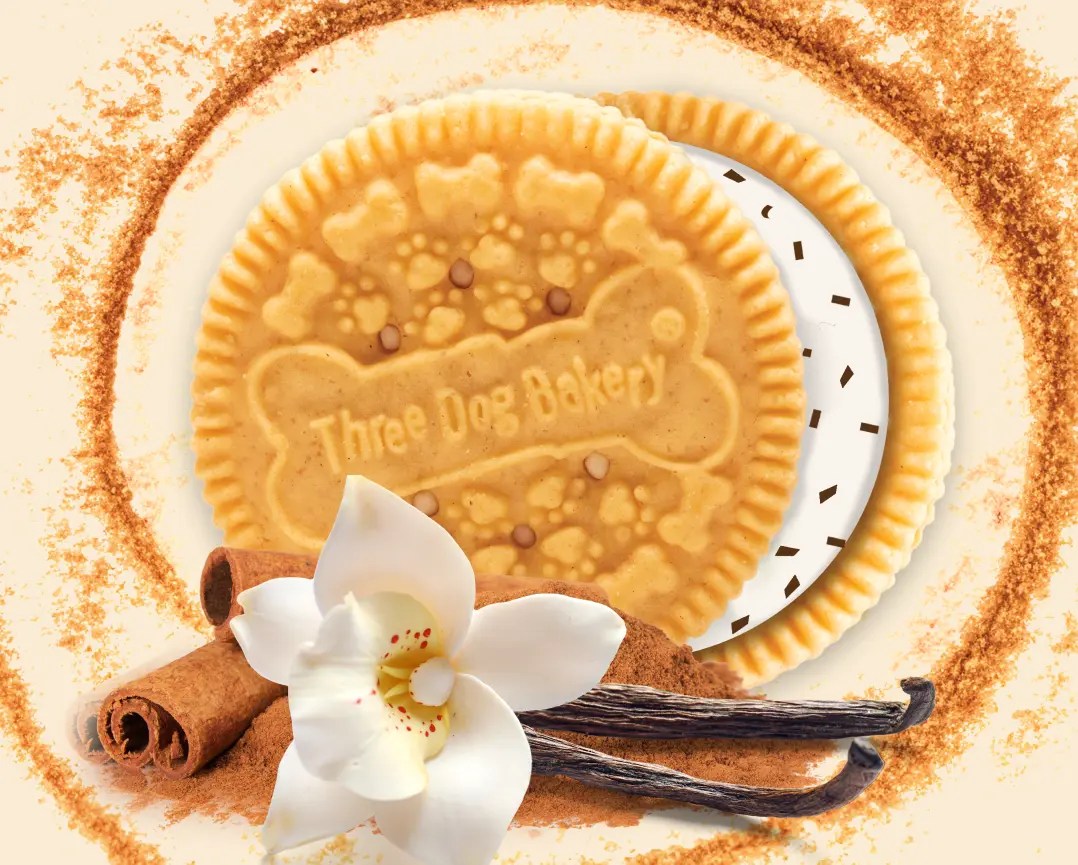 An image of a Three Dog Bakery Churro Lick'n Crunch, cinnamon swirl dog treat