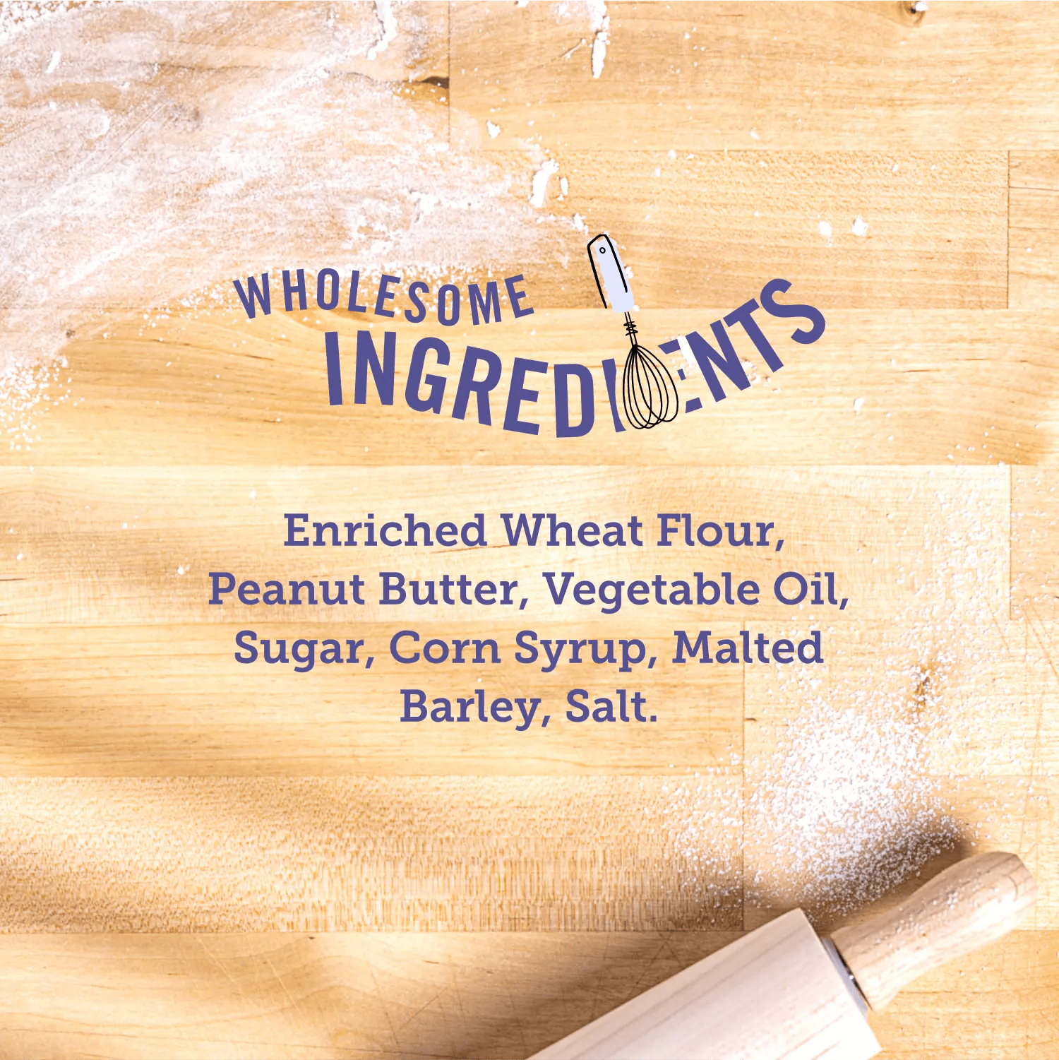 An image of a wooden worktop and rolling pin covered in a light dusting of flour, overlaid with purple text listing the ingredients used in the treat.