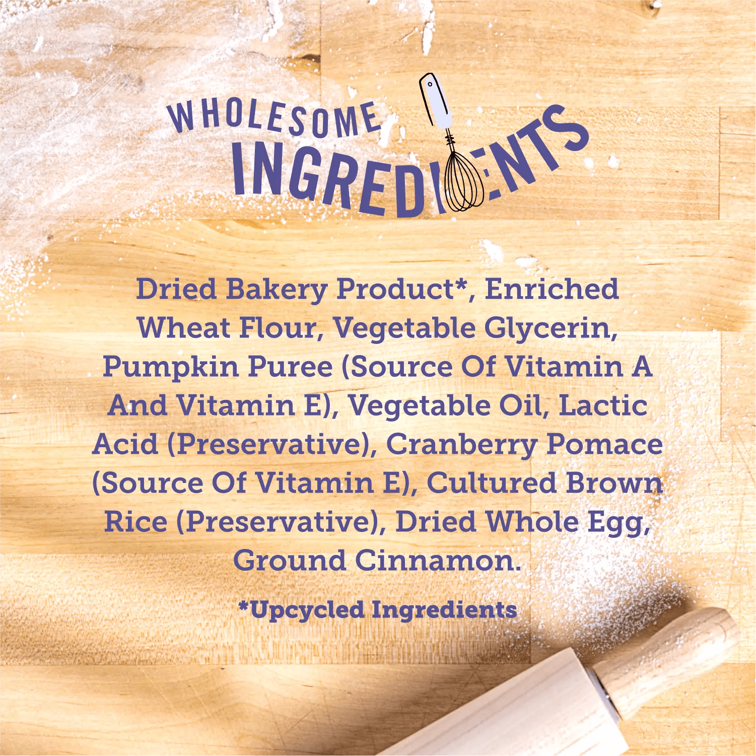 An image of a wooden worktop and rolling pin covered in a light dusting of flour, overlaid with purple text listing the ingredients used in the treat.