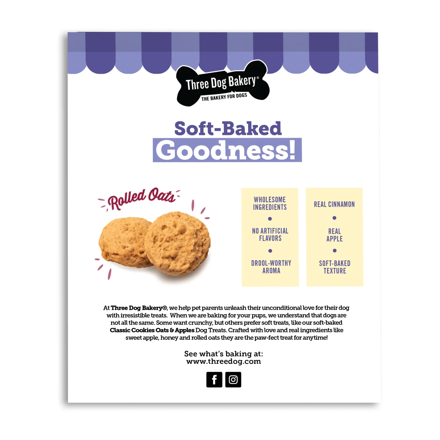 An image depicting the back of a package of Three Dog Bakery Classic Cookies with Oats and Apples dog treats. The back of the packaging displays information about the dog treats, as well as the ingredients.