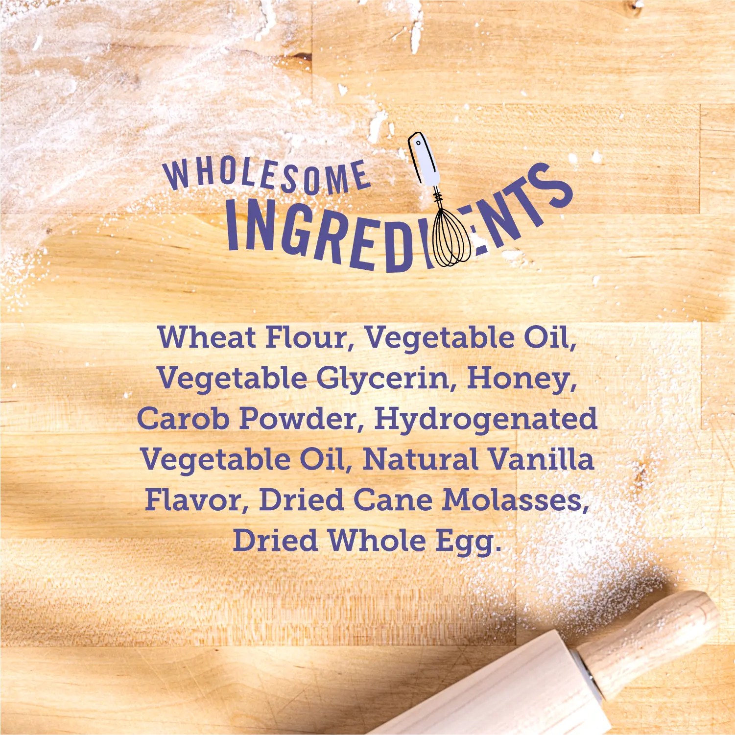 An image of a wooden worktop and rolling pin covered in a light dusting of flour, overlaid with purple text listing the ingredients used in Three Dog Bakery Swirly Paws dog treats.