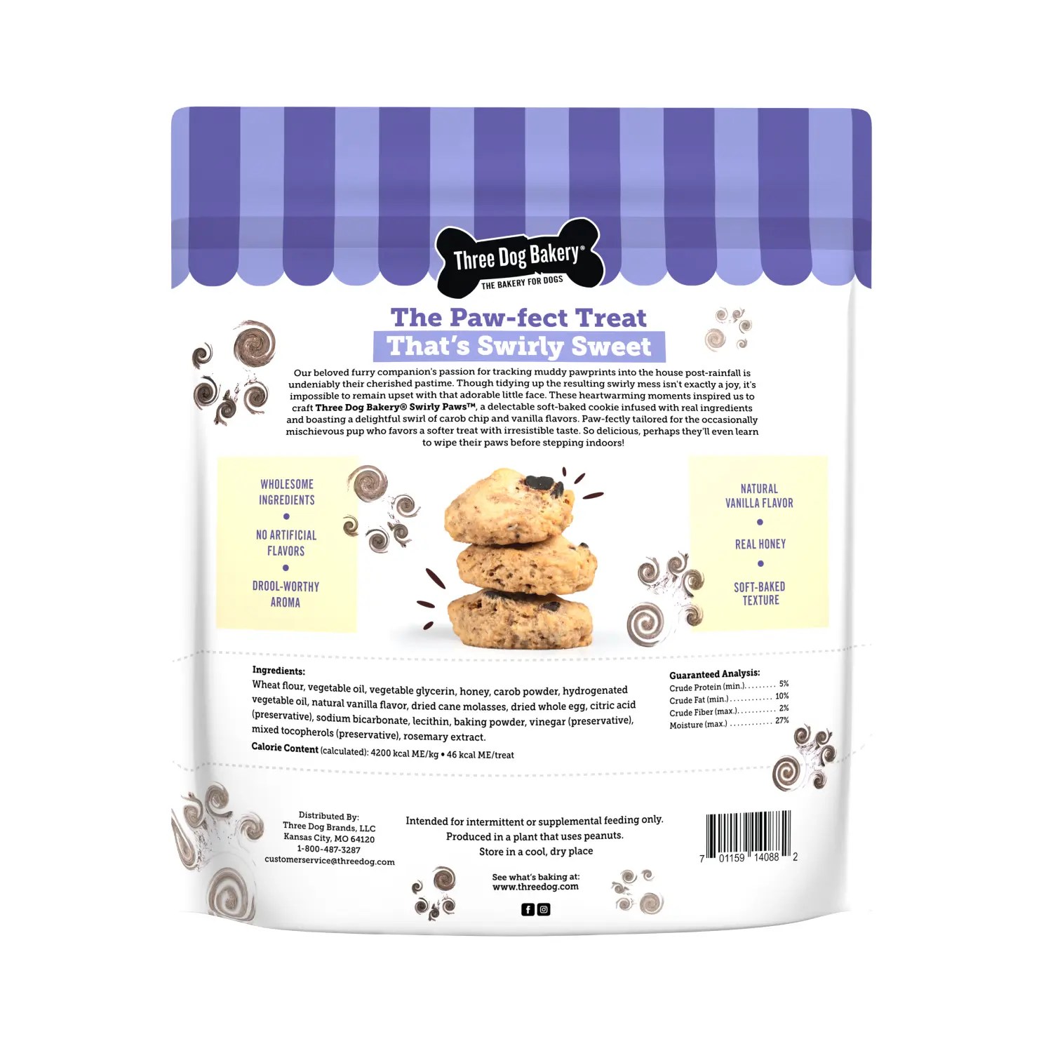 An image depicting the back of a package of Three Dog Bakery Swirly Paws dog treats. The back of the packaging displays information about the dog treats, a list of ingredients, the calorie content (which is 4200 kcal ME per kg or 46 kcal ME per treat), as well as a Guaranteed Analysis chart, which reads "Crude Protein (minimum) 5%, Crude Fat (minimum) 10%, Crude Fiber (maximum) 2%, and Moisture (maximum) 27%".