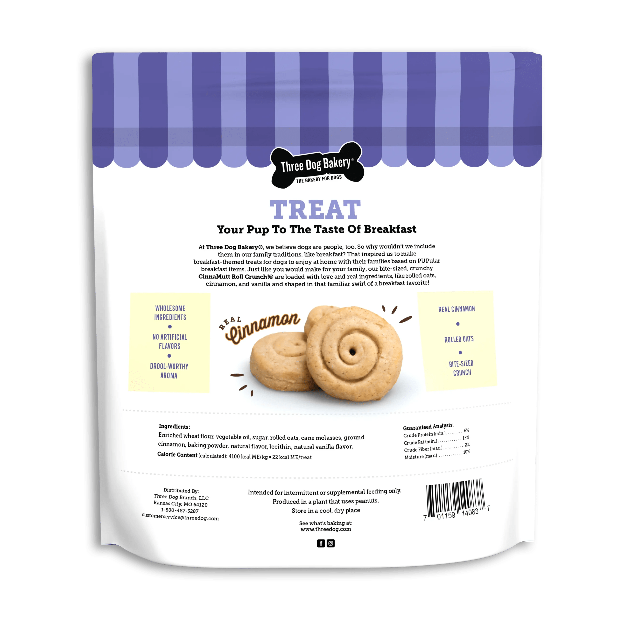 An image depicting the back of a package of Three Dog Bakery CinnaMutt Roll Crunch dog treats. The back of the packaging displays information about the dog treats, a list of ingredients, the calorie content (which is 4100 kcal ME per kg or 22 kcal ME per treat), as well as a Guaranteed Analysis chart, which reads "Crude Protein (minimum) 6%, Crude Fat (minimum) 15%, Crude Fiber (maximum) 2%, and Moisture (maximum) 10%".
