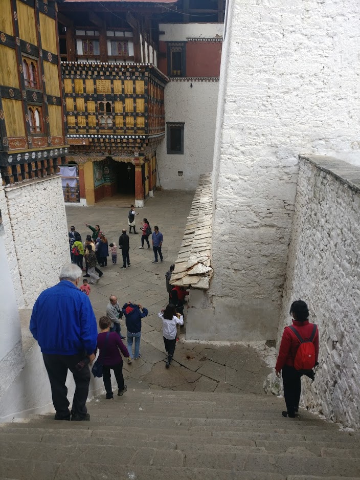 Interlocking courtyards at different levels in the Paro Dzong