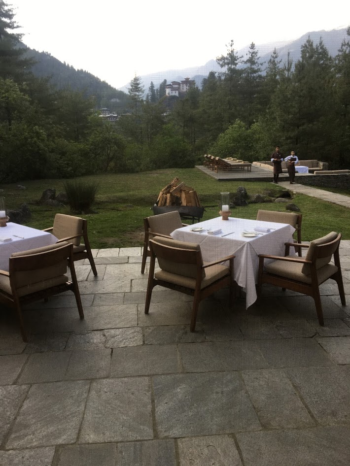 The Patio of the Aman resort Paro overlooking the Drukgyel Dzong