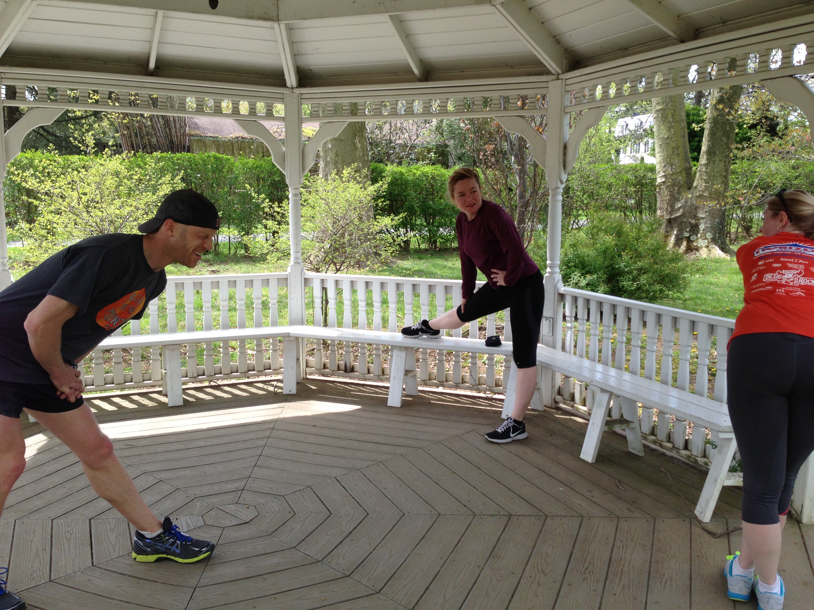 stretching in the gazebo