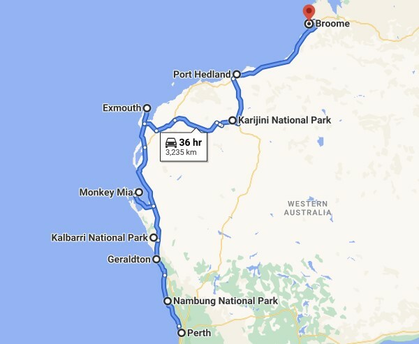 Map of the Perth to Broome road trip