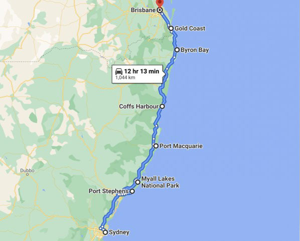 Map of the Sydney to Brisbane road trip