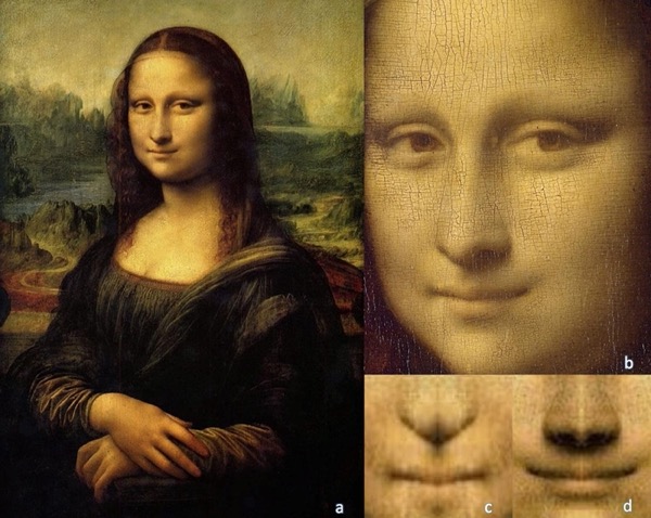 The full portrait (a), a close-up of the face (b), doctored images of the smile © and (d). Credit: Louvre Museum/University of Cincinnati