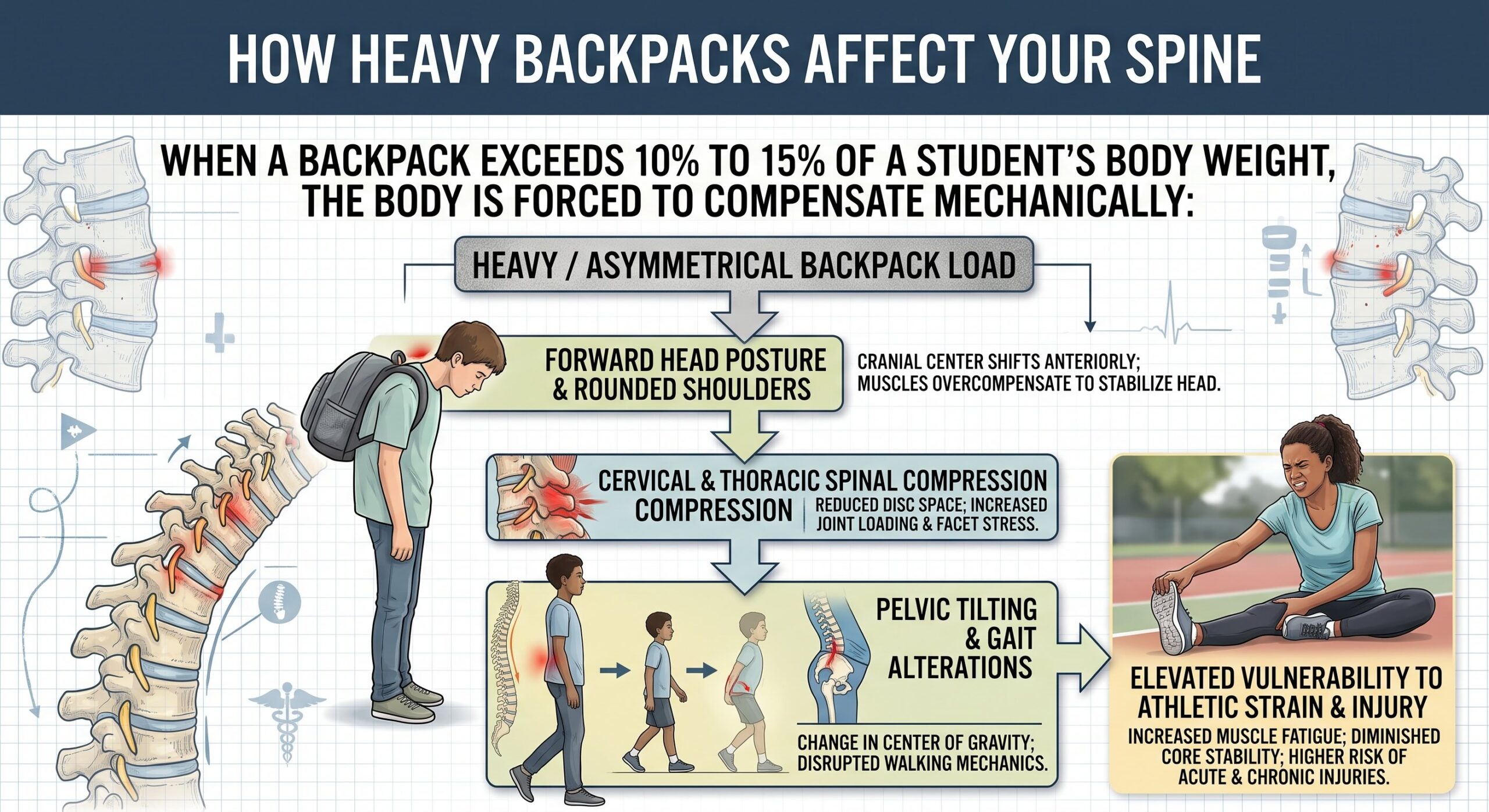 Infographic showing how heavy backpacks affect your spine health.