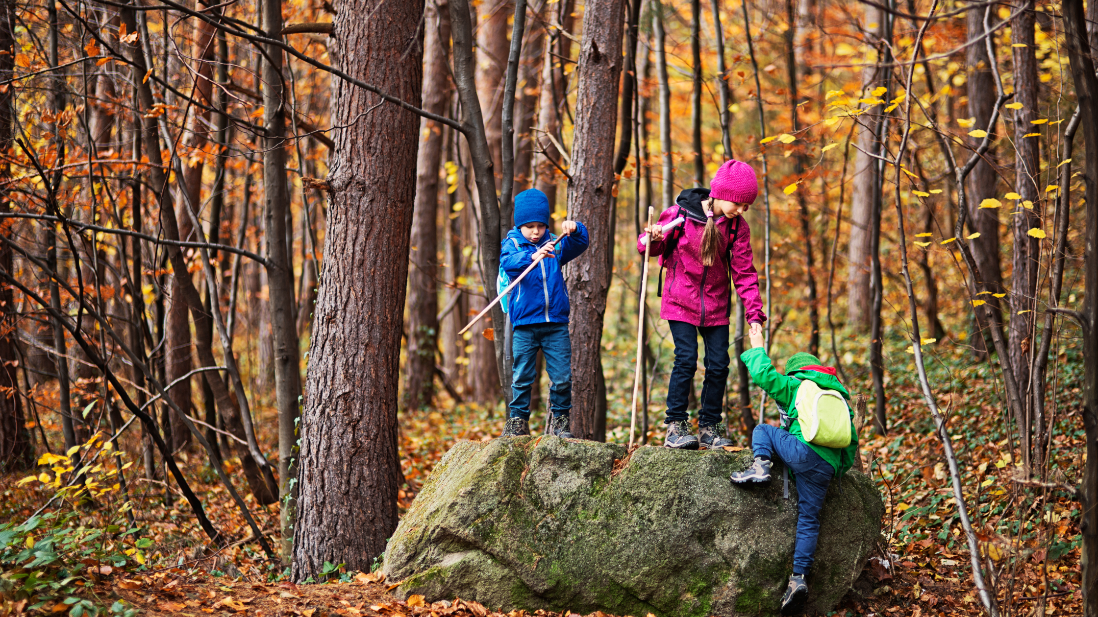 3 kids climbing on a rock