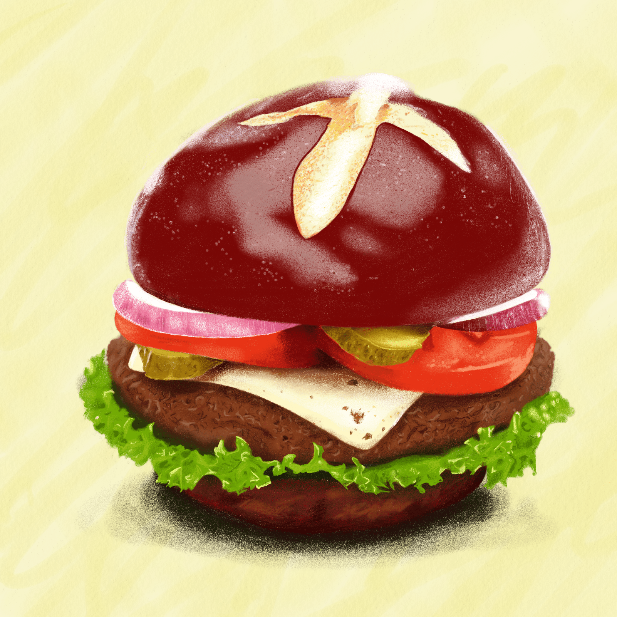 Cheating: A delicious looking cheeseburger with pickles, tomatoes, and onion on a pretzel bun