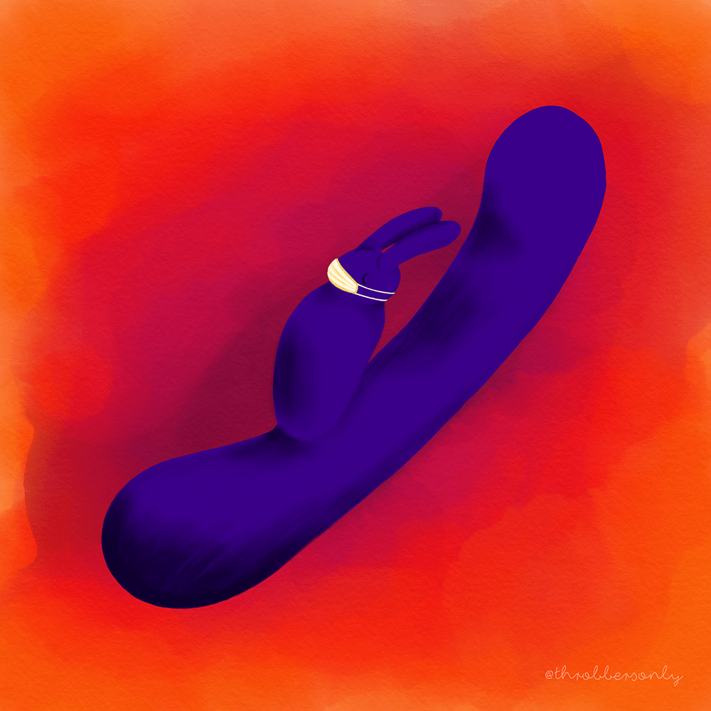 A purple rabbit vibrator wearing a mask in the time of COVID