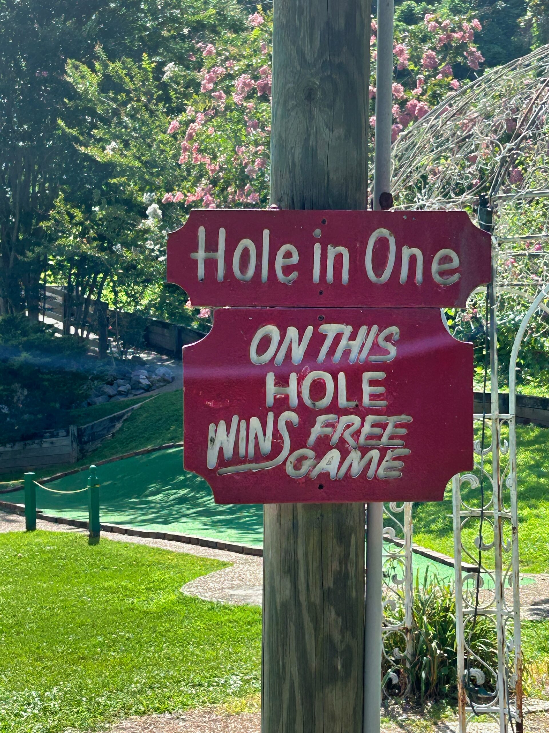 Sign at a miniature golf course announcing a free game for a hole-in-one.