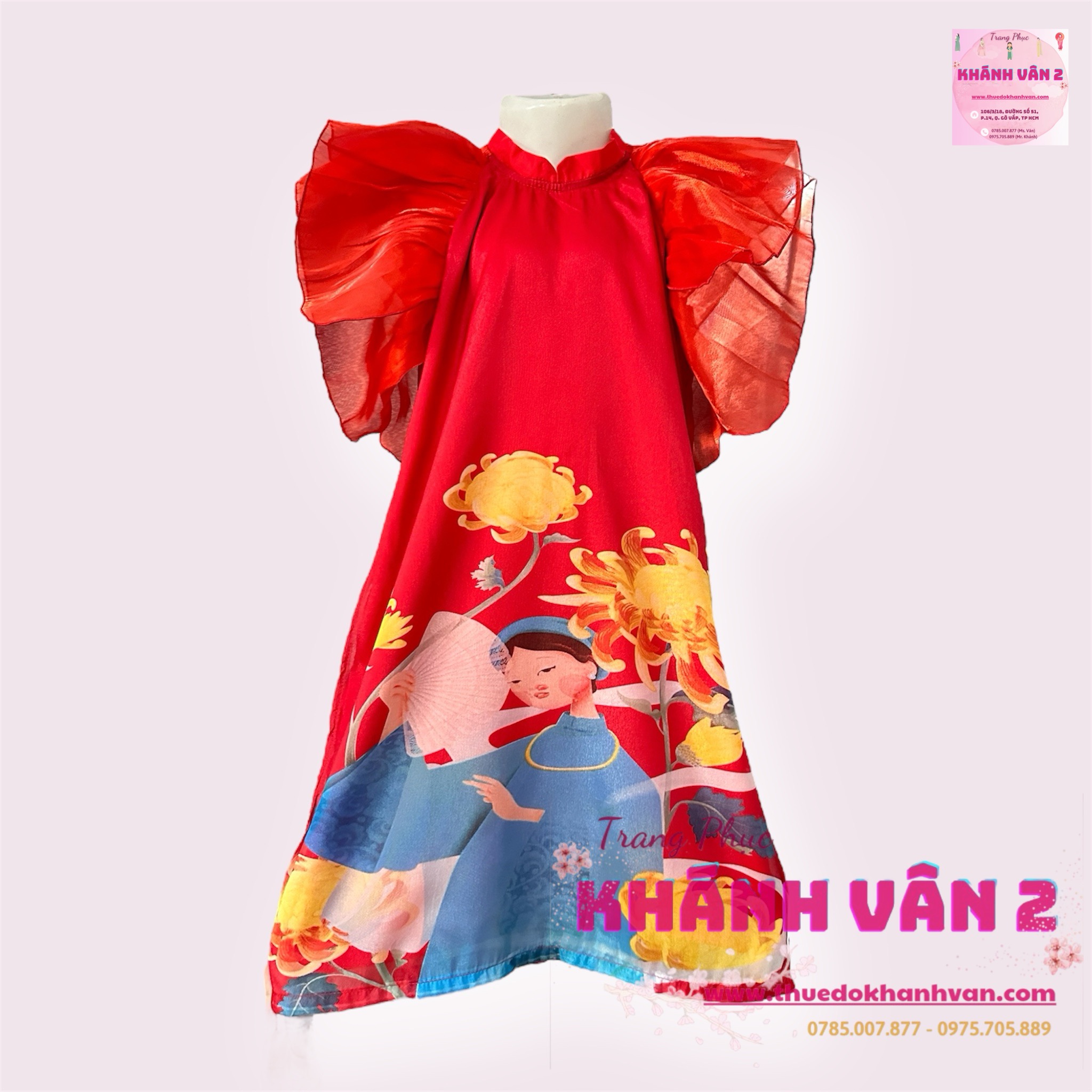 áo dài 2 lớp hoạ tiết cô gái dân gian nữ tiểu học đỏ (6)