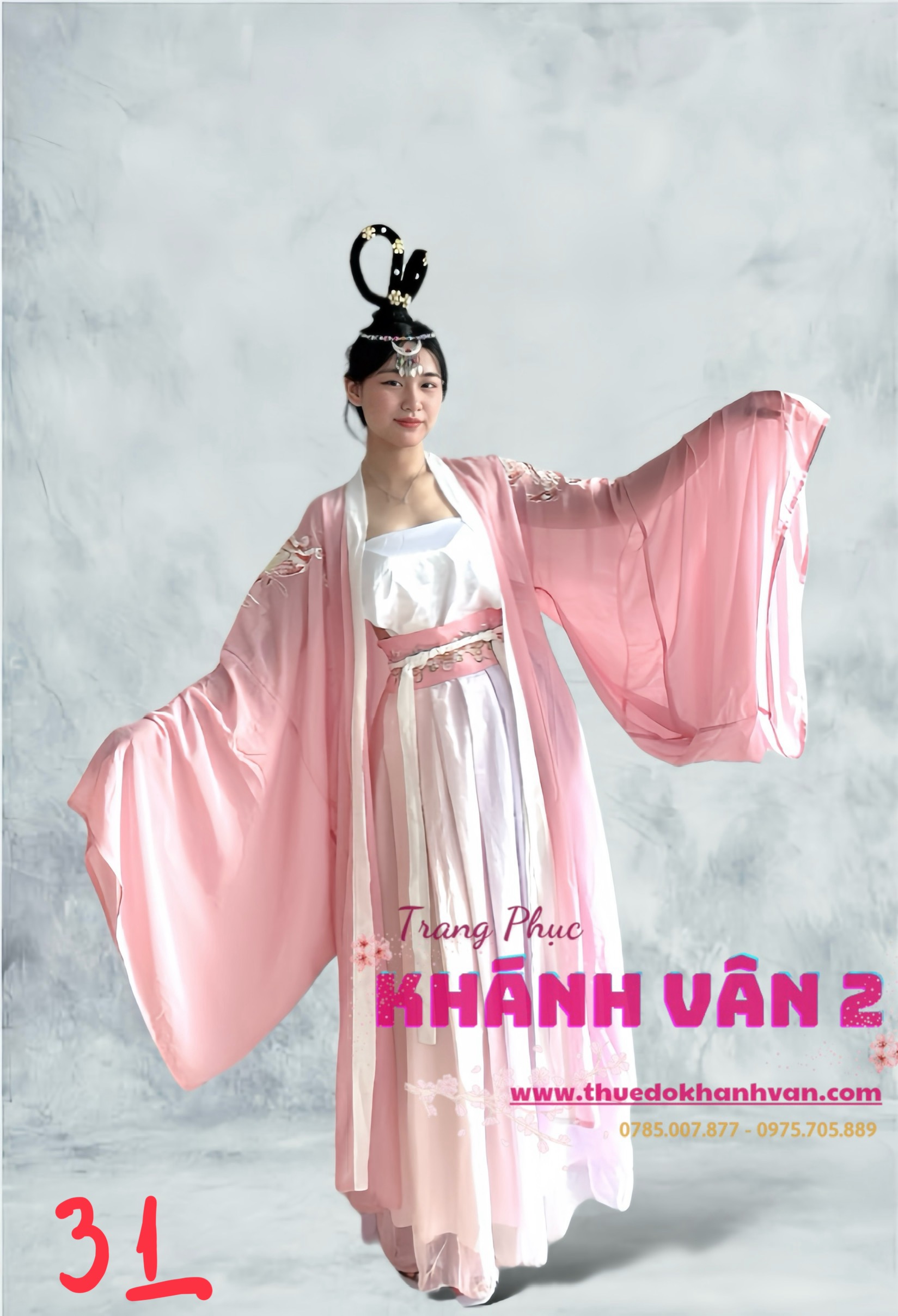 31. Hằng nga hồng phấn khoác hồng dài+  cài tóc giả  + vòng đội đầu (16)