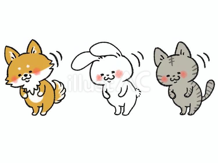 お辞儀をする犬猫うさぎトリオイラスト