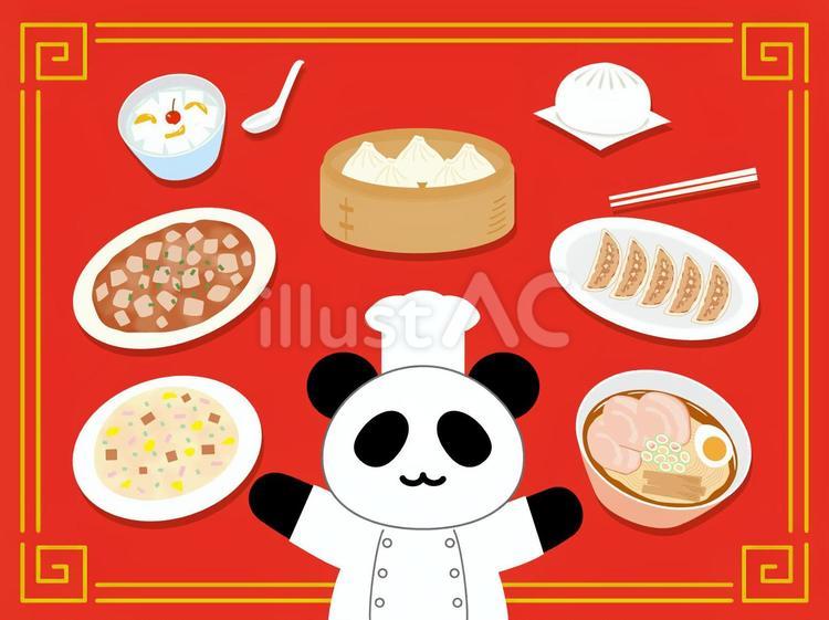 パンダと中華料理セットイラスト