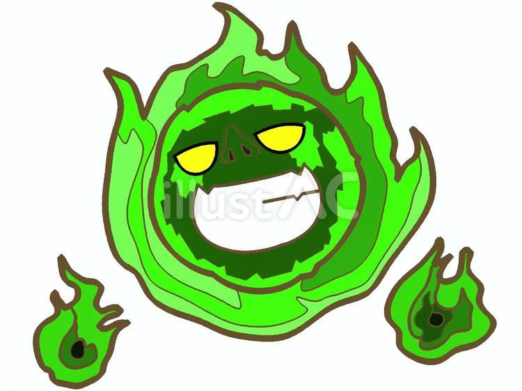邪悪に笑う火の玉のおばけ『緑』イラスト