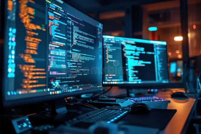 Programmer Working On Code And Data Analysis With Multiple Monitors - Premium Minimal Wallpaper Gallery - Retina