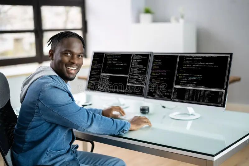 Computer Programmer Writing Program Code On Computer Stock Image - High Resolution Landscape Wallpapers for Desktop