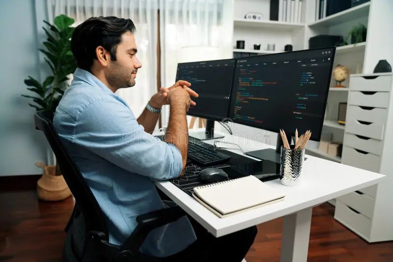 Web Developer Working On Computer With Code On Screen Stock Photo - Light Designs - Premium 4K Collection
