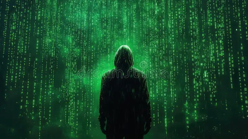 Hacker Silhouette In Green Binary Code Cascade With Dynamic Matrix Like Patterns Stock Photo - Download High Quality Dark Illustration | HD