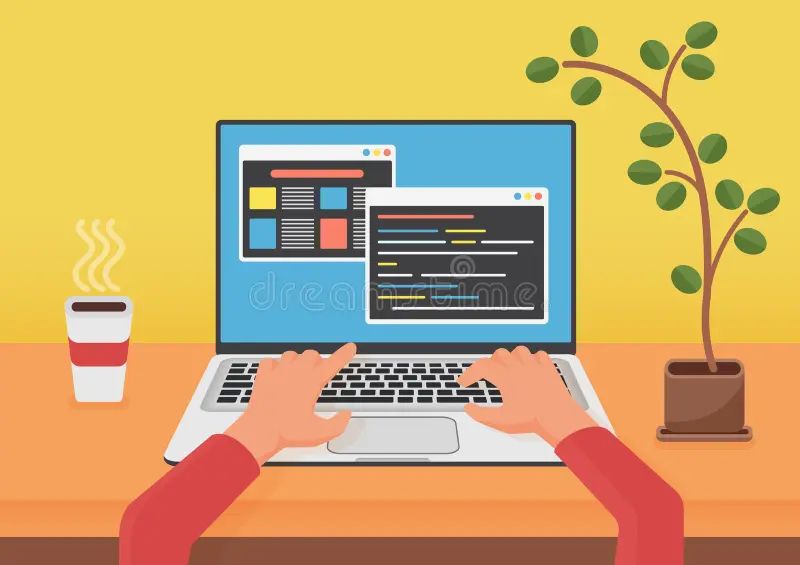 Cat Programming Coding Hand Drawn Vector Illustration In Cartoon Comic - Retina Dark Backgrounds for Desktop