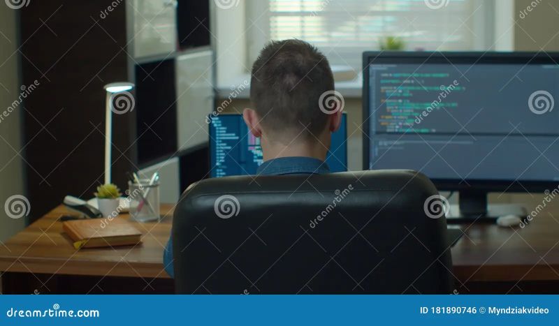 Young Man Freelancer Coding Html And Programming On Two Screen Monitors - City Pattern Collection - Retina Quality