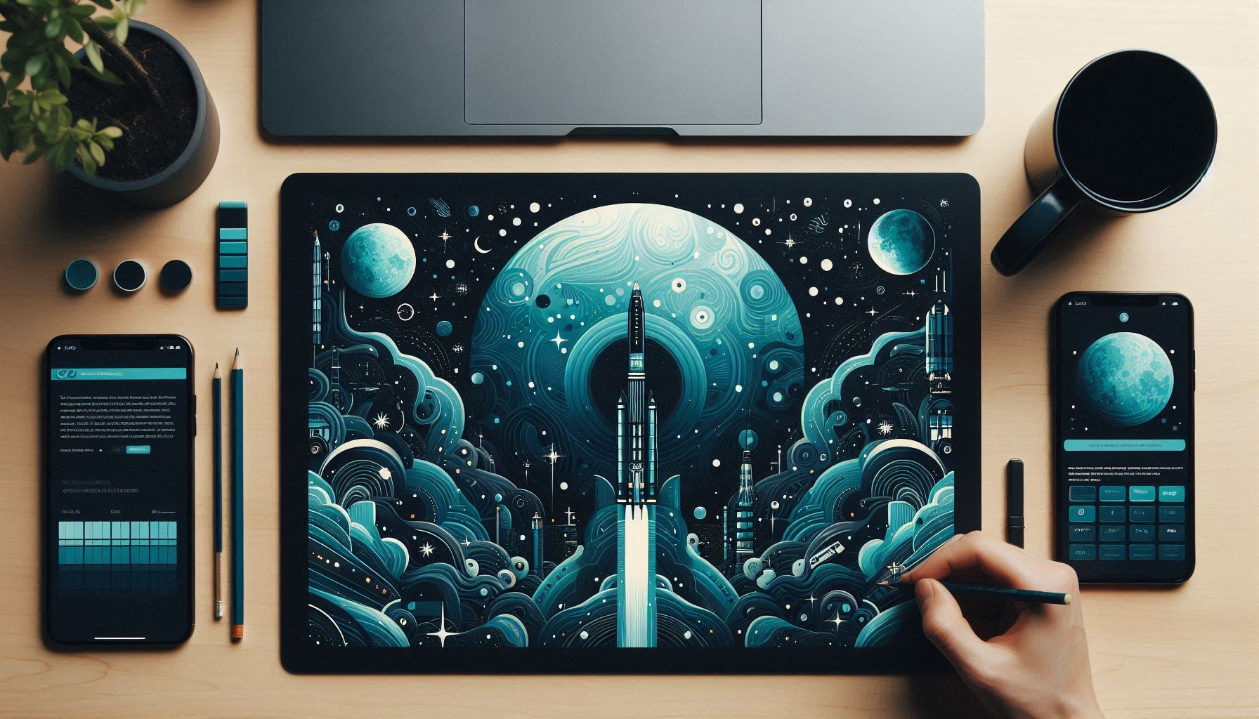Desk with various items neatly laid out. Hand holding a pen and a futuristic sketch of a rocket on the moon