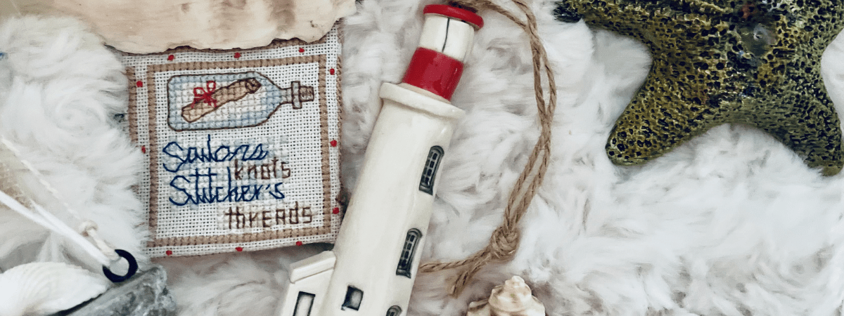 The seventh section of Stitch the Sea features a message in a bottle and the words Sailors knots Stitchers threads.