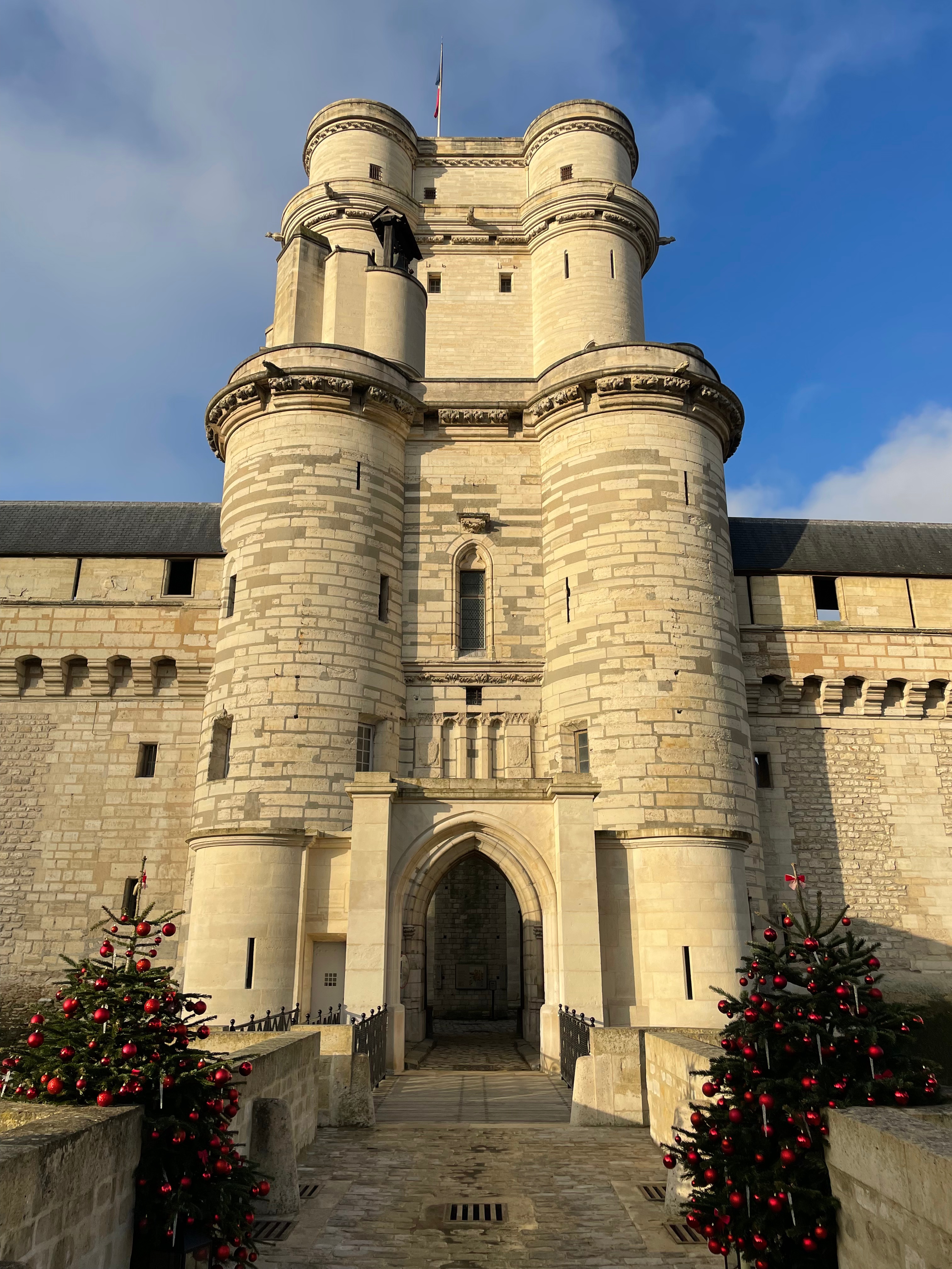 medieval looking castle with two christmas trees at the entrance