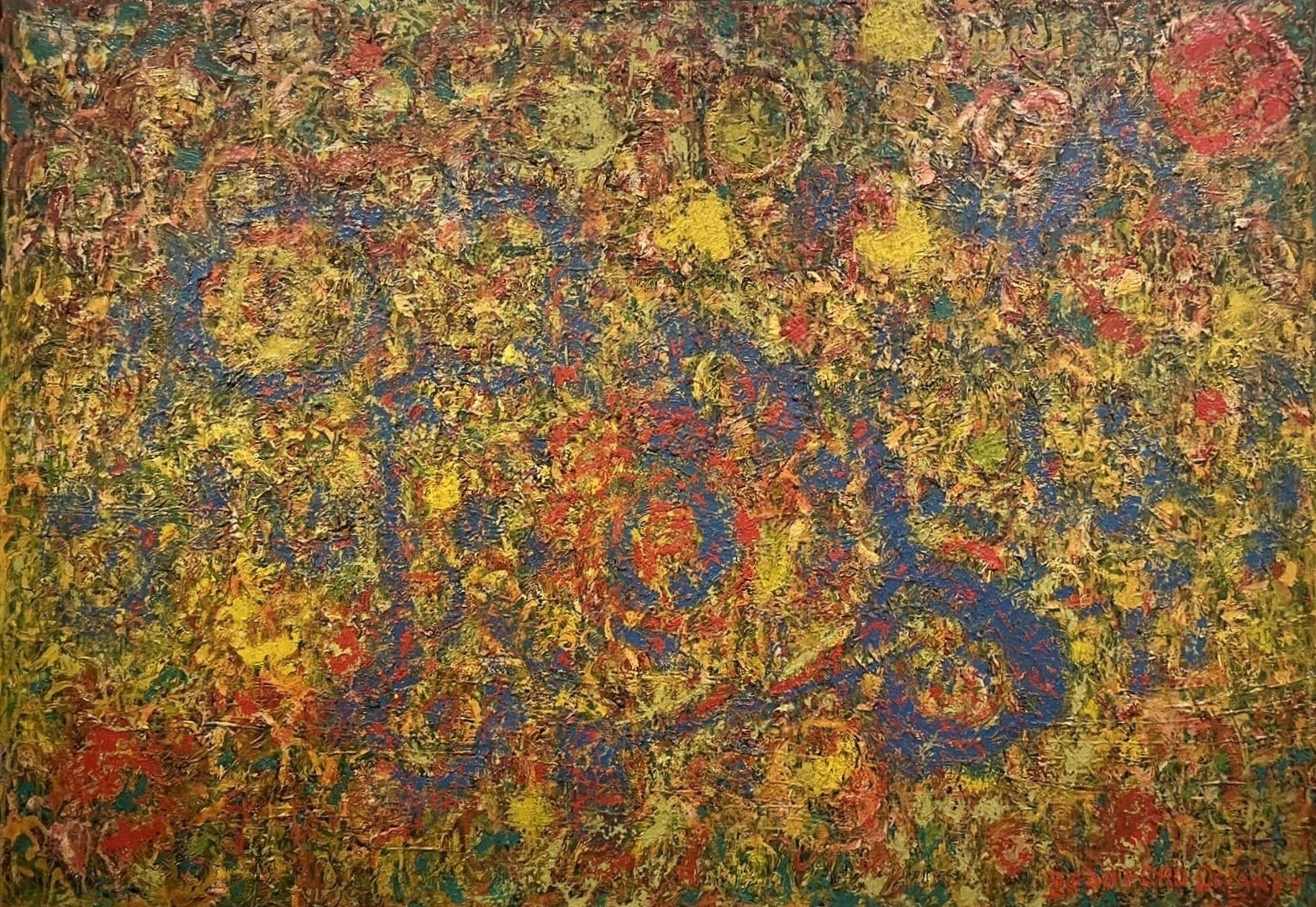 Closeup of abstract oil paitning featuring swirling colors in lavender, orange, and yellow