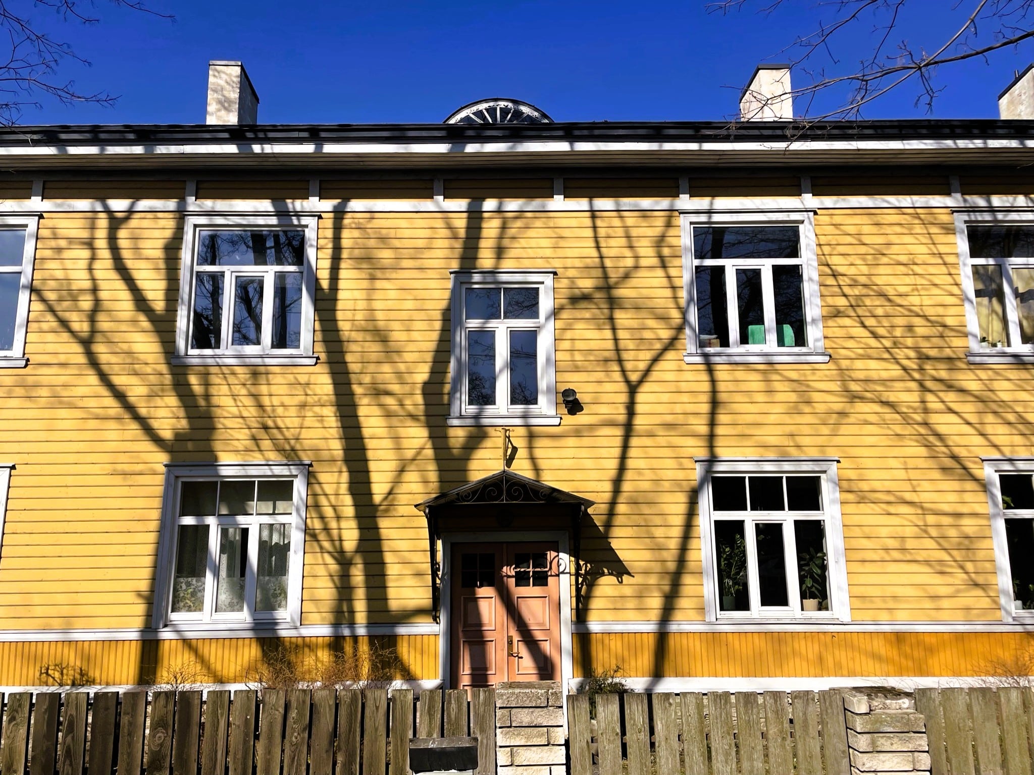tree branch shadows cast on a bright yellow two story wooden building