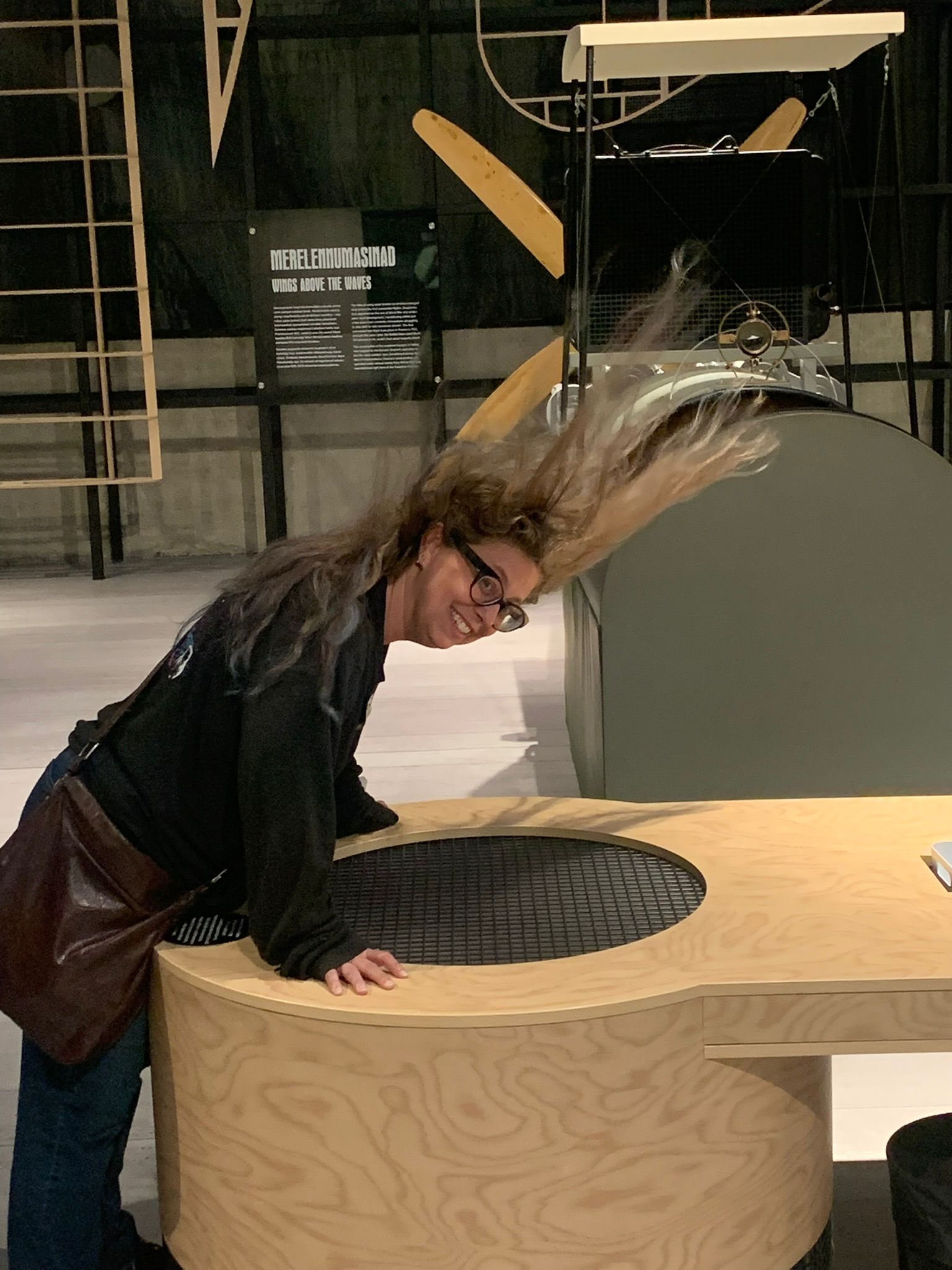Woman wearing glasses, leaning over slightly, with her long hair blowing straight up