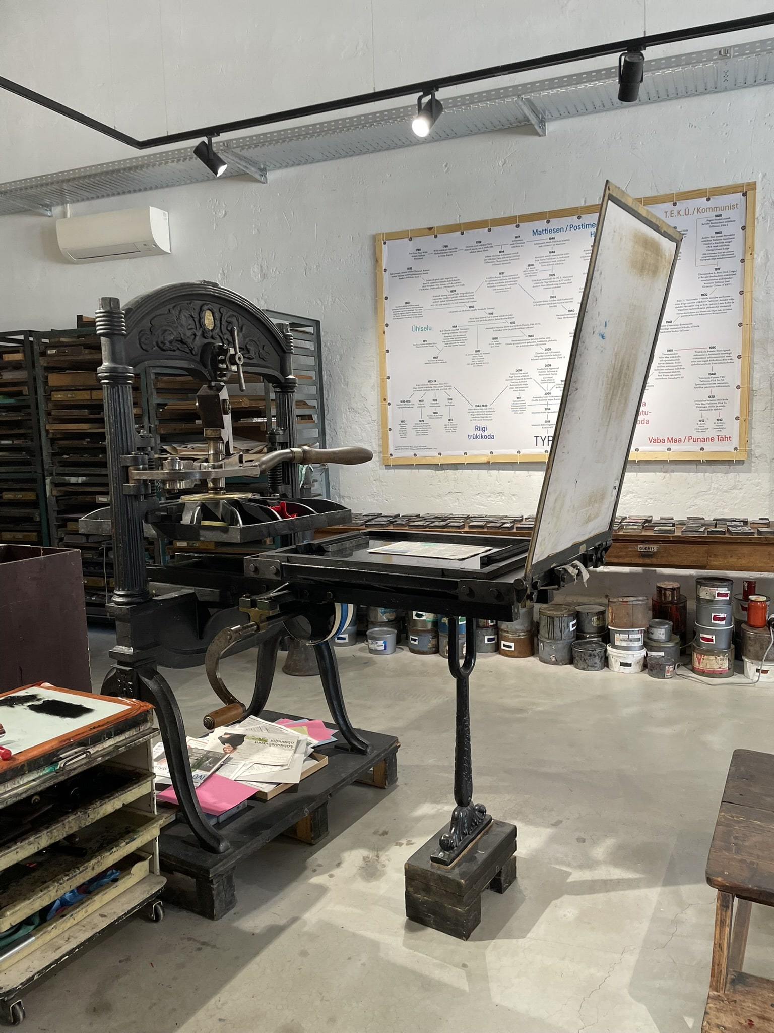 Old iron printing press with manual controls