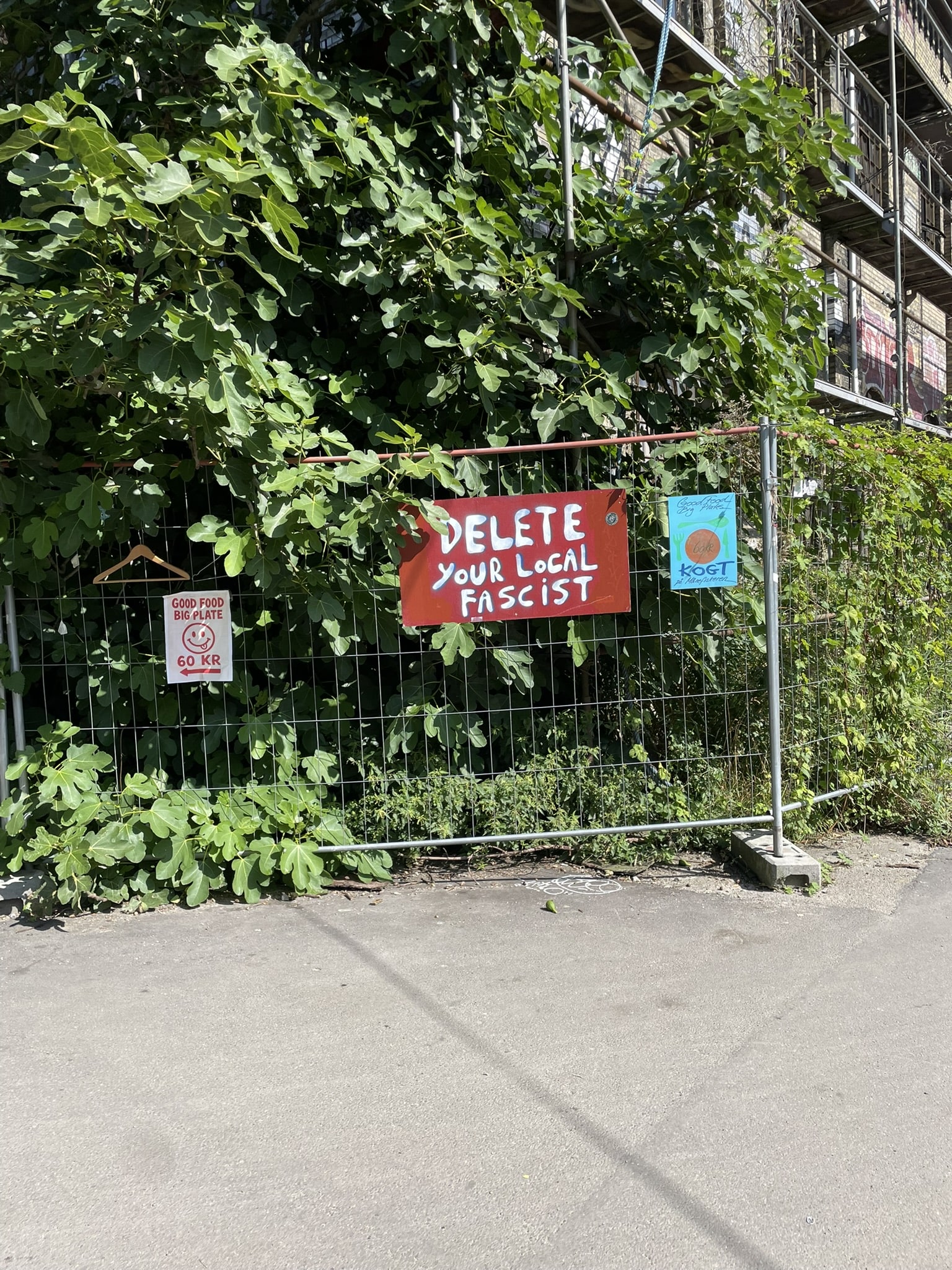 sign on a fence stating "delete your local facist"