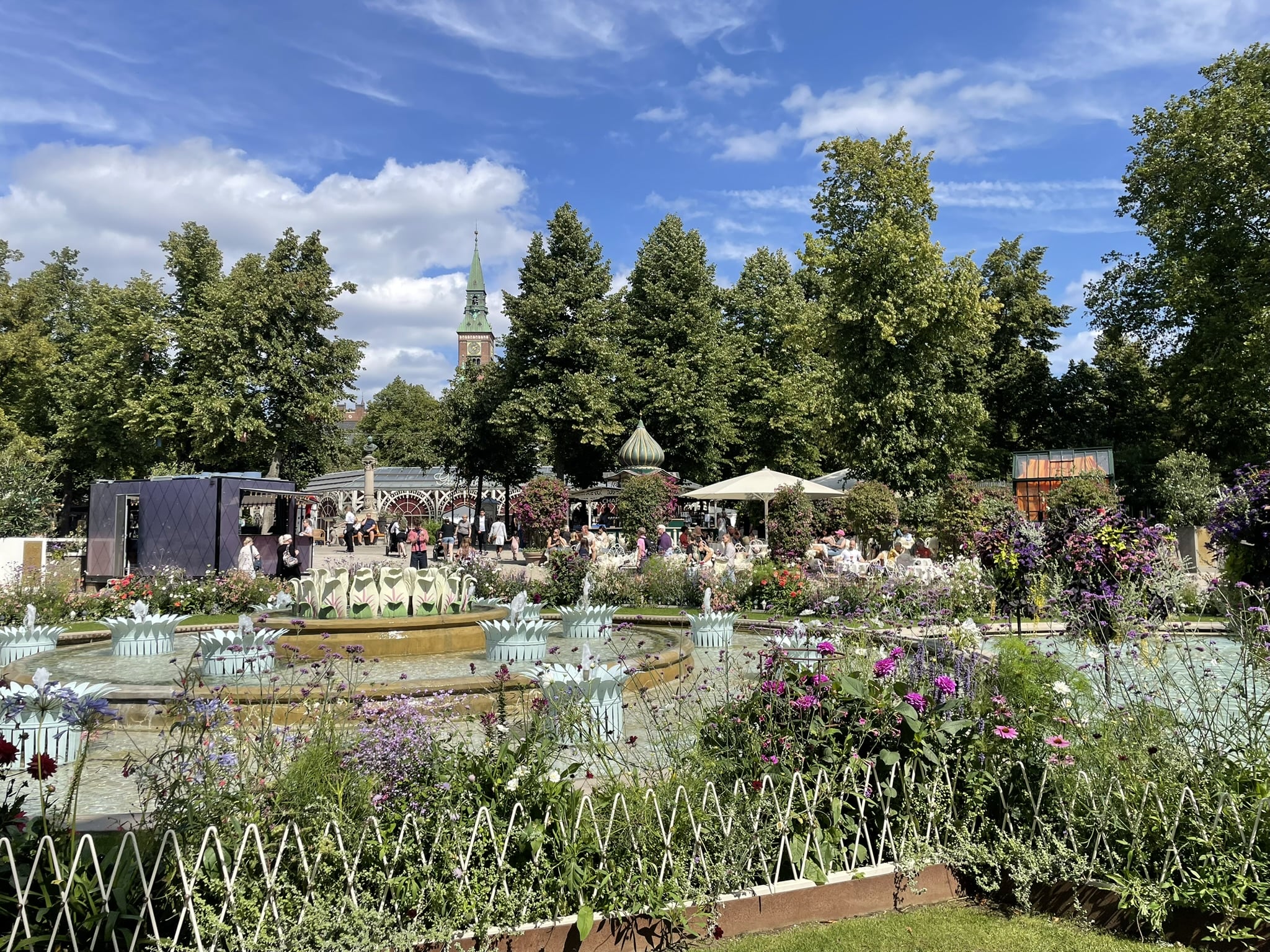 colorful urban garden with tower far in the distance