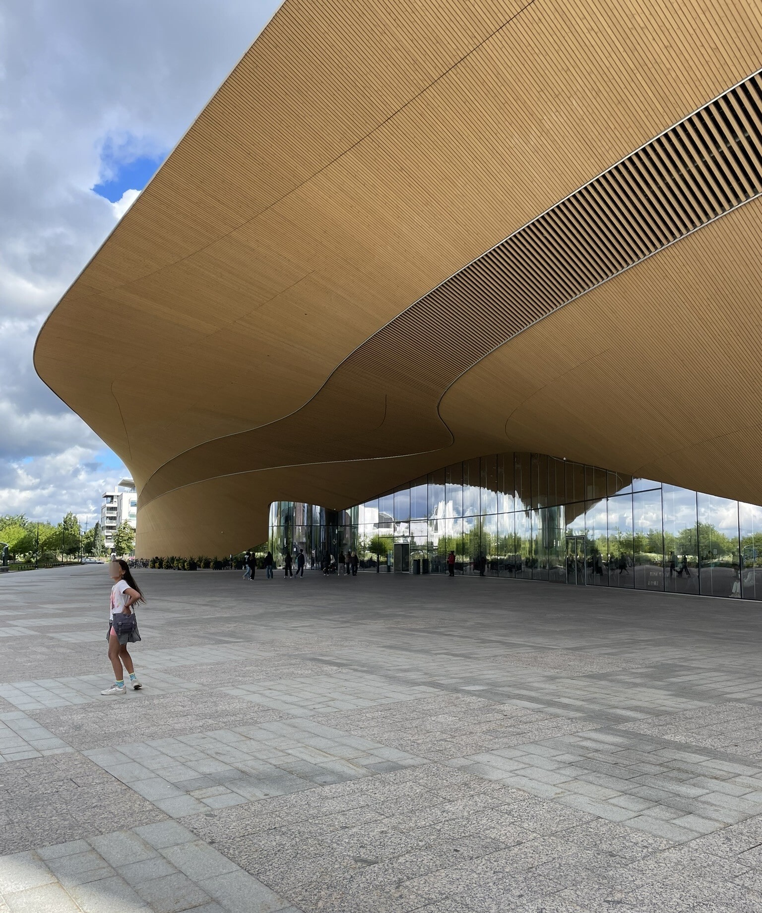 figure outside of large modern wooden building
