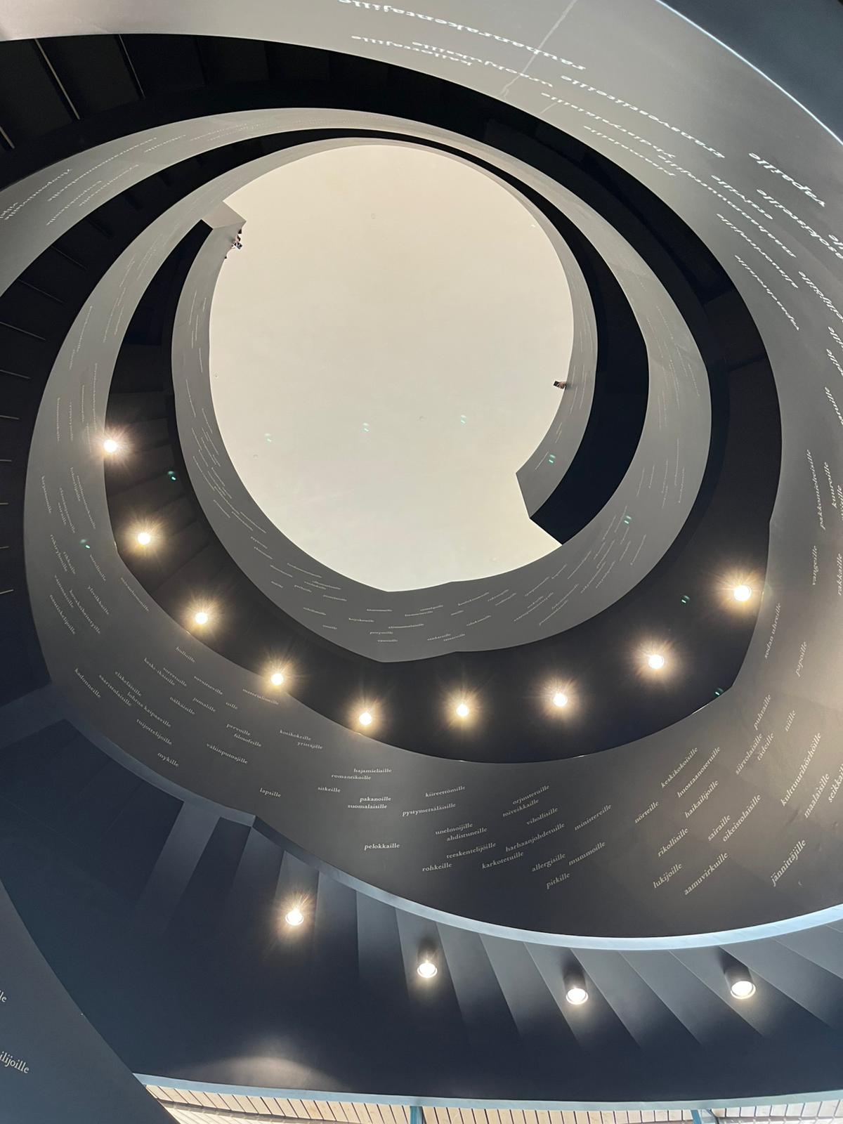 black double helix staircase, looking up from below