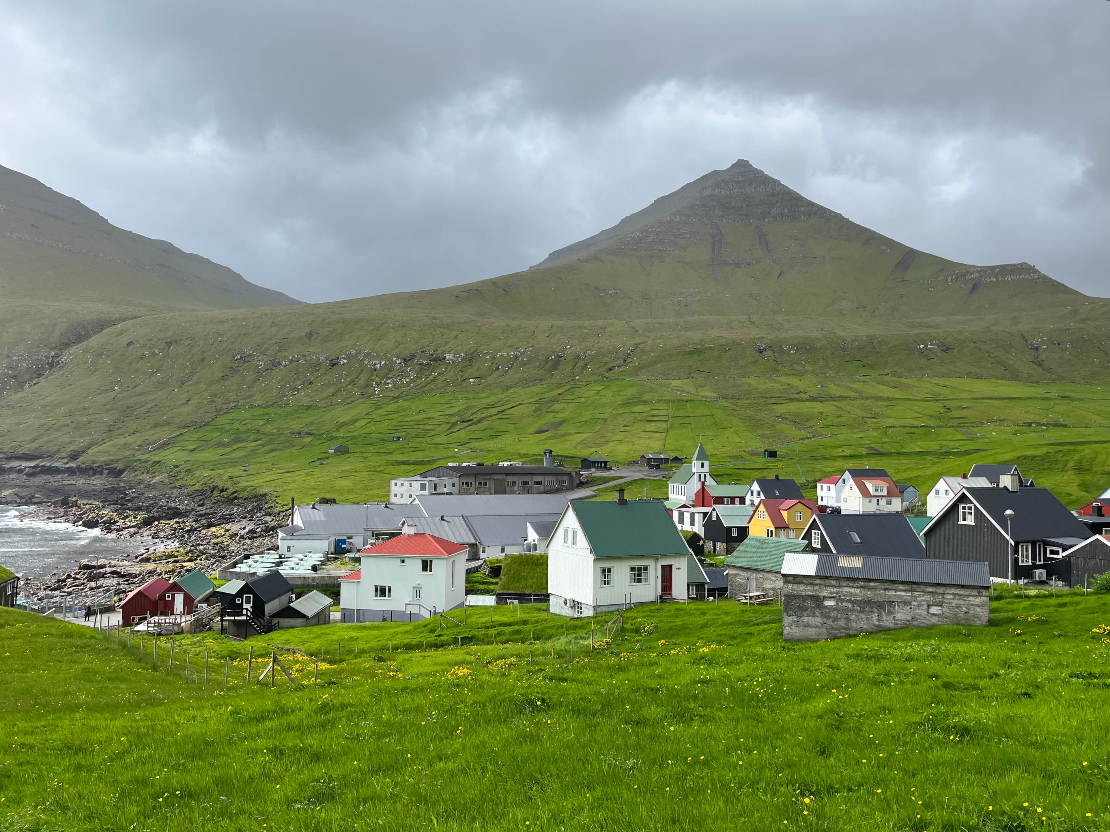 pointed mountain top in the distance, several houses in the foreground