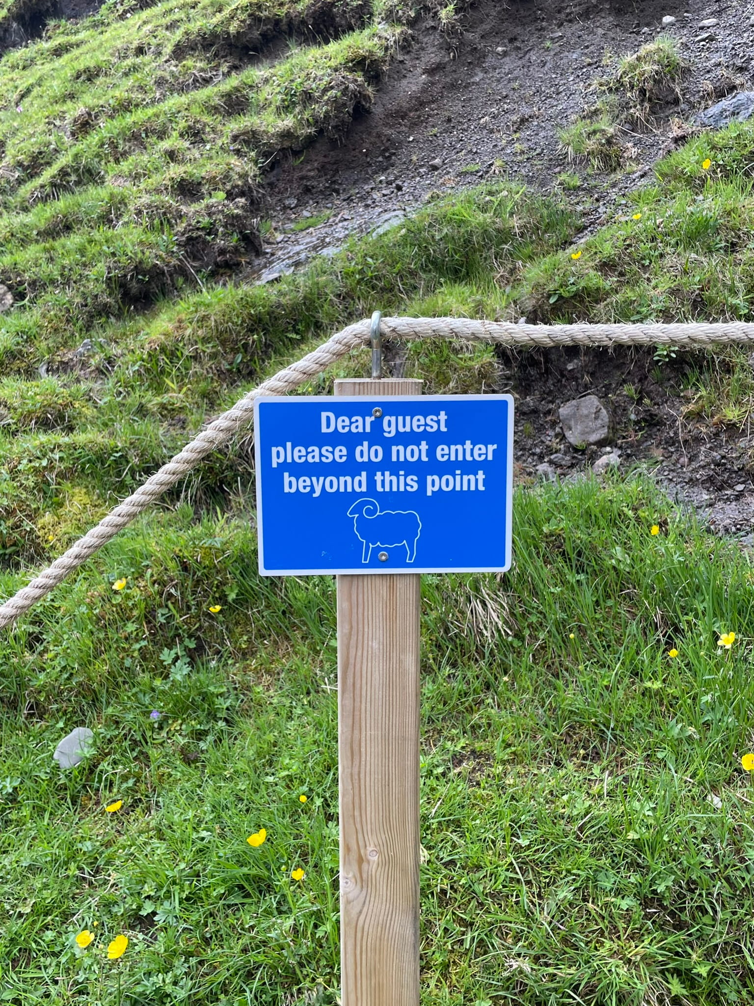 Roped off area with a sigh picturing a sheep and a notice "Dear guest please do not enter beyond this point"