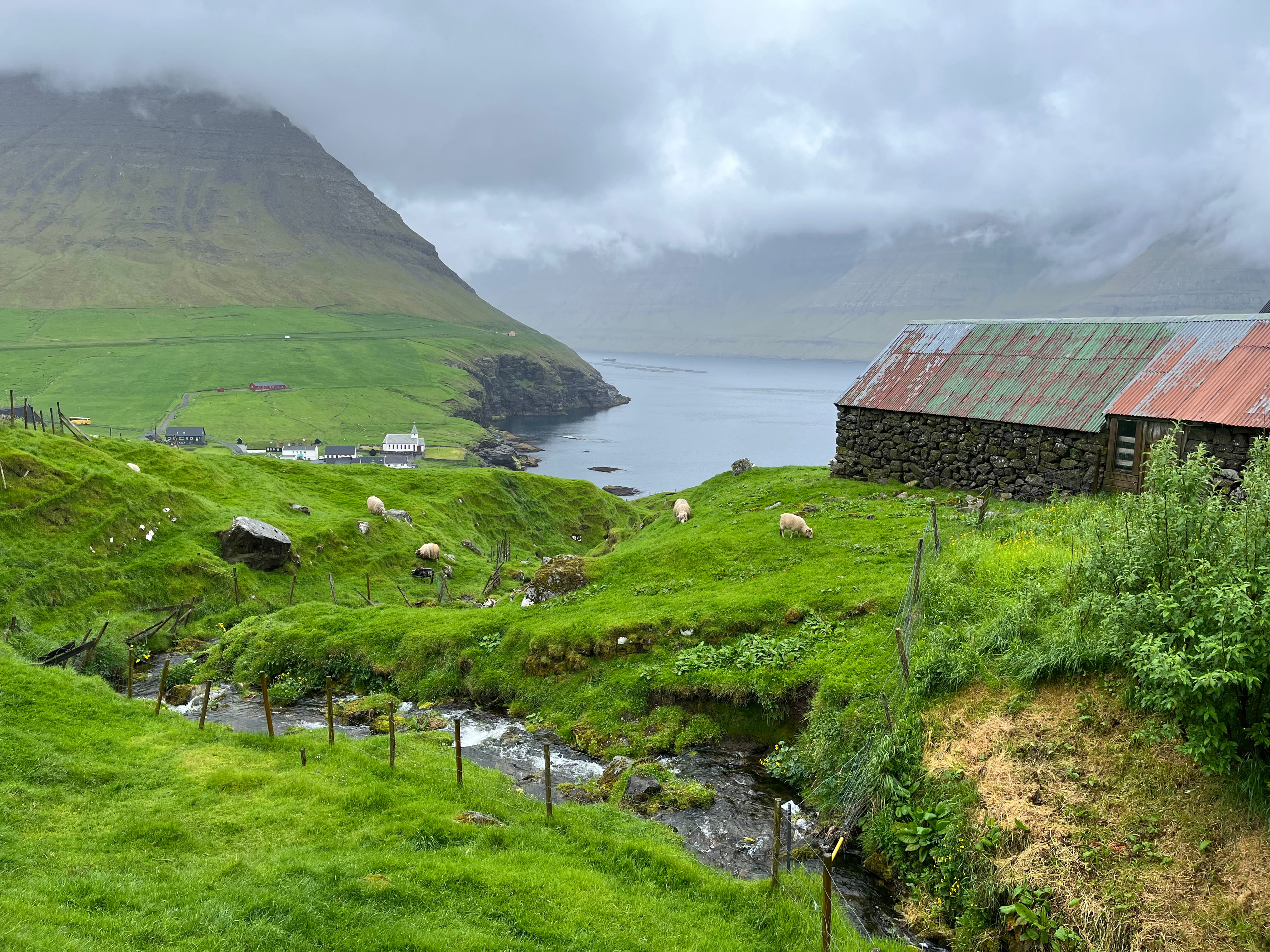 Seaside green pastures with a stone barn, fences, a stream, and sheep.