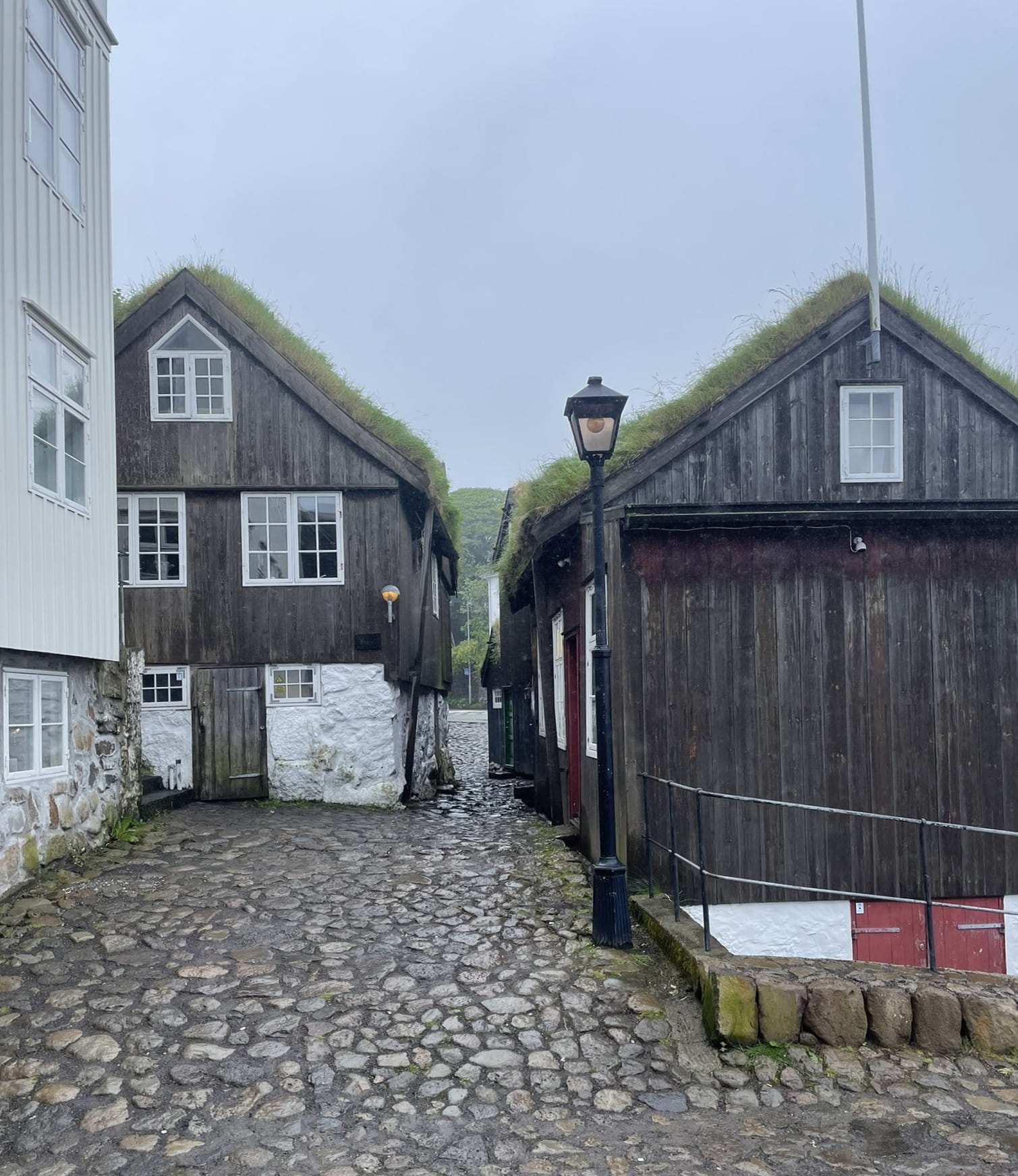 cobblestone streets with wooden turf-roofed houses