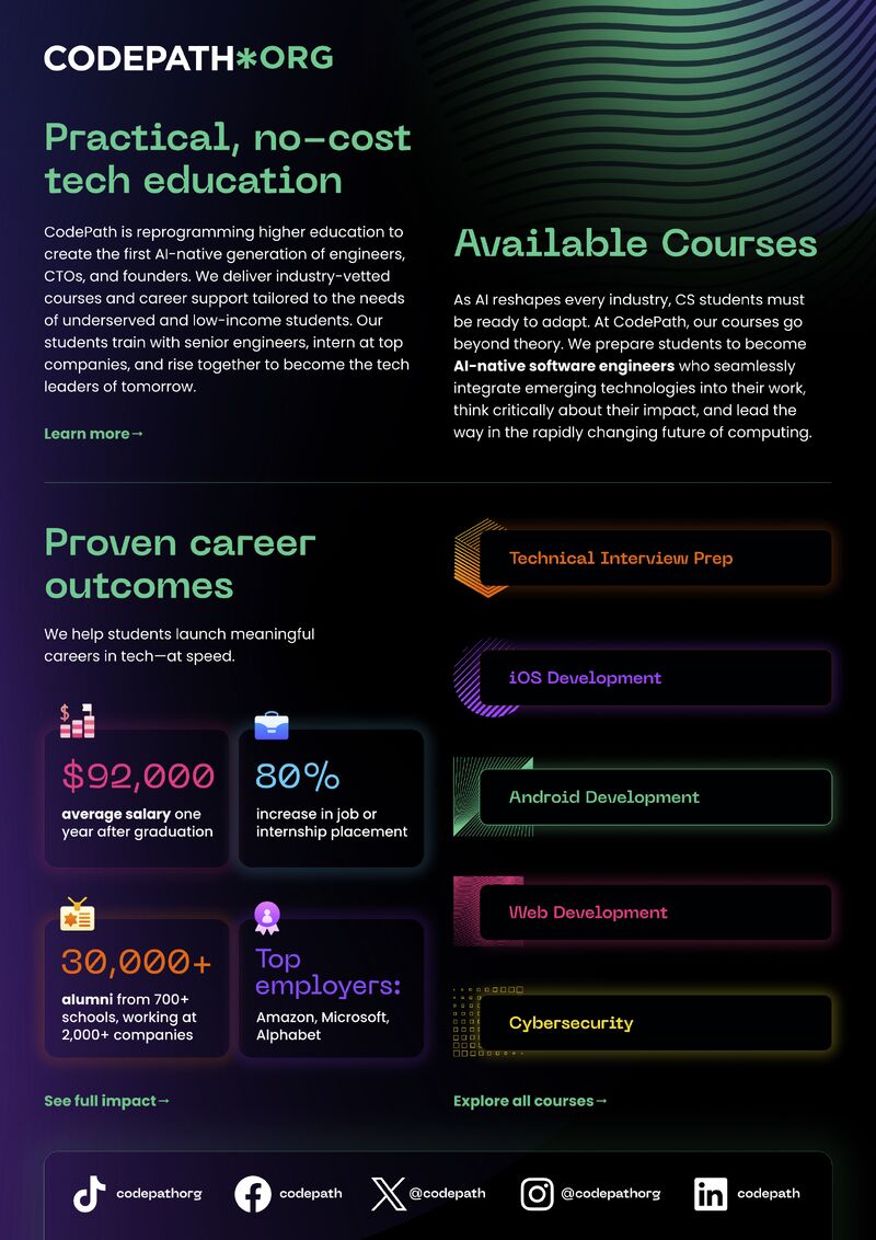CodePath program flyer showing available courses, career outcome statistics, and sponsor logos