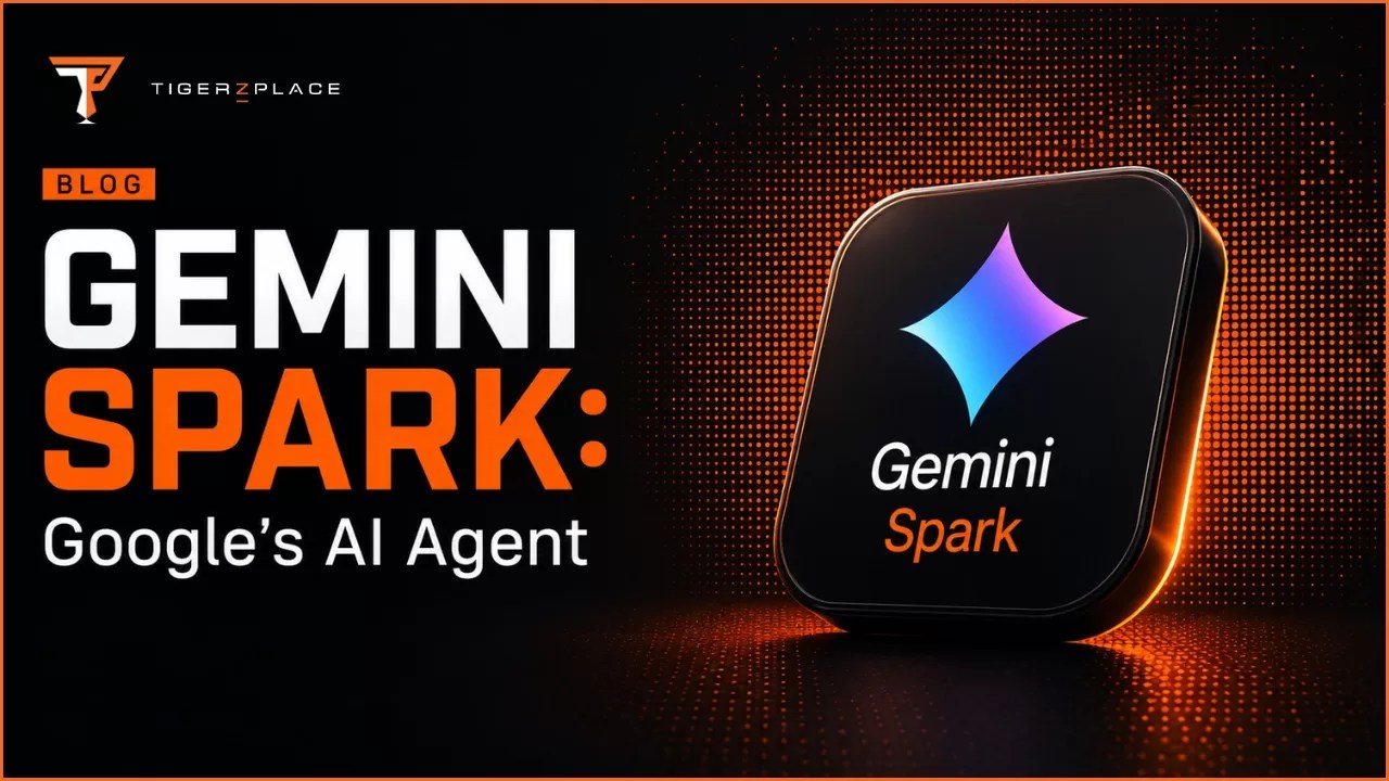 Gemini Spark Google AI agent thumbnail showing AI automation, smart search, Google apps and task management in Tigerzplace branding.